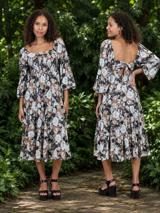coco + jaimeson Dresses & Skirts - Smocked Square-Neck Midi Dress  Black and Cream Floral Print Long Sleeves Sz S